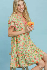 Umgee Floral Flutter Sleeve Tiered Dress
