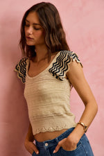 SO ME Wavy Textured Knit Top With Fluttered Sleeves