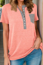 Full Size Half Button Short Sleeve T-Shirt - Ladyez