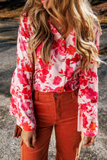 Floral Flare Sleeve Button Up V-Neck Bodysuit - Ladyez