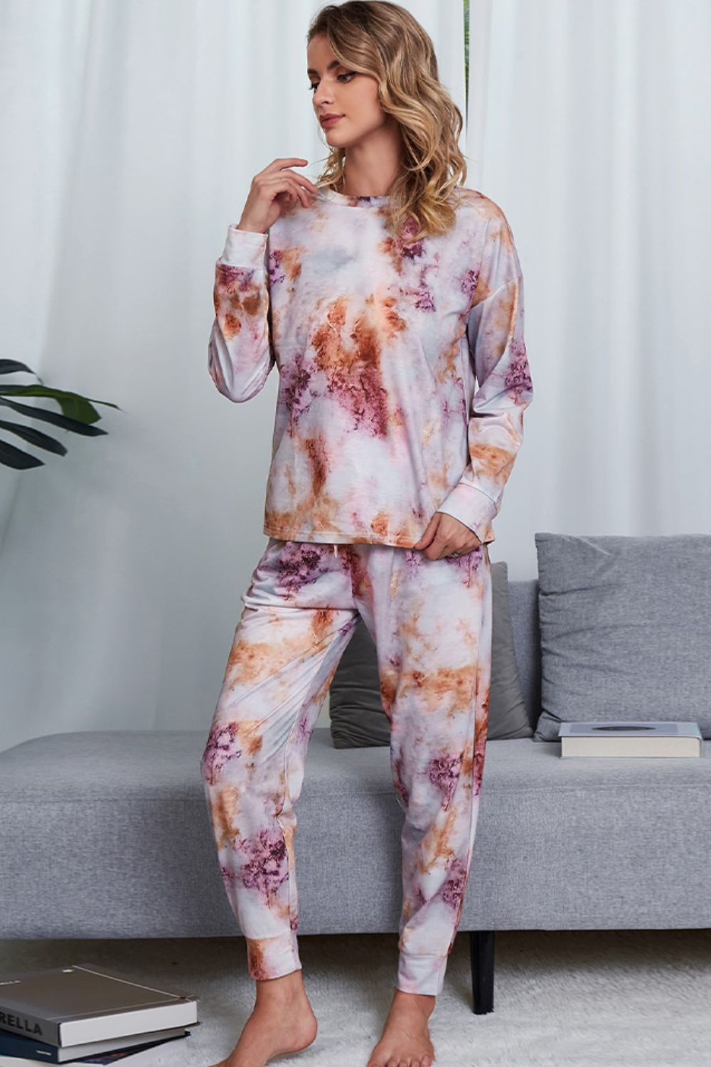 Shiny Tie-Dye Crewneck Top and Drawstring Waist Joggers Lounge Set - Ladyez