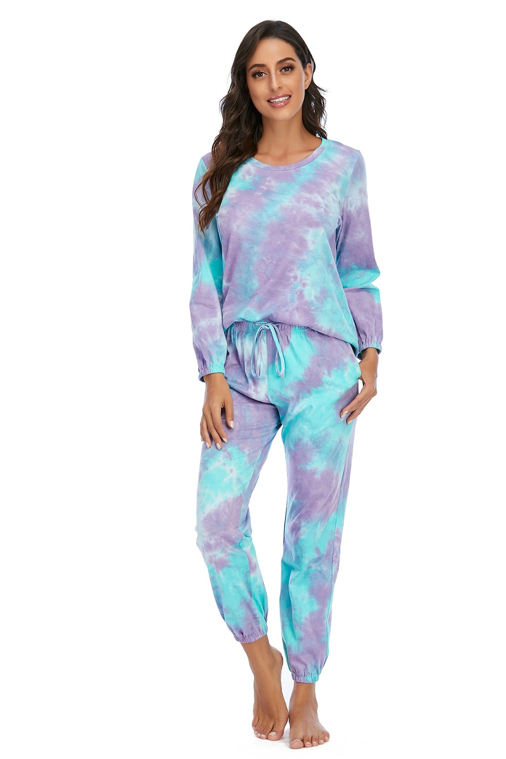 Tie-Dye Top and Drawstring Pants Lounge Set - Ladyez