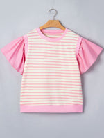 Stripe Ruffled Short Sleeve Patchwork Blouse