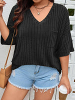 Plus Size V-Neck Ribbed Knit T-Shirt
