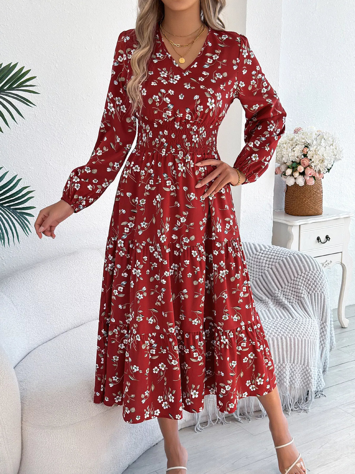 Floral Print Long Sleeve V-Neck Midi Dress