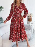 Floral Print Long Sleeve V-Neck Midi Dress