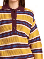 Striped Button Detail Polo Collar Sweater