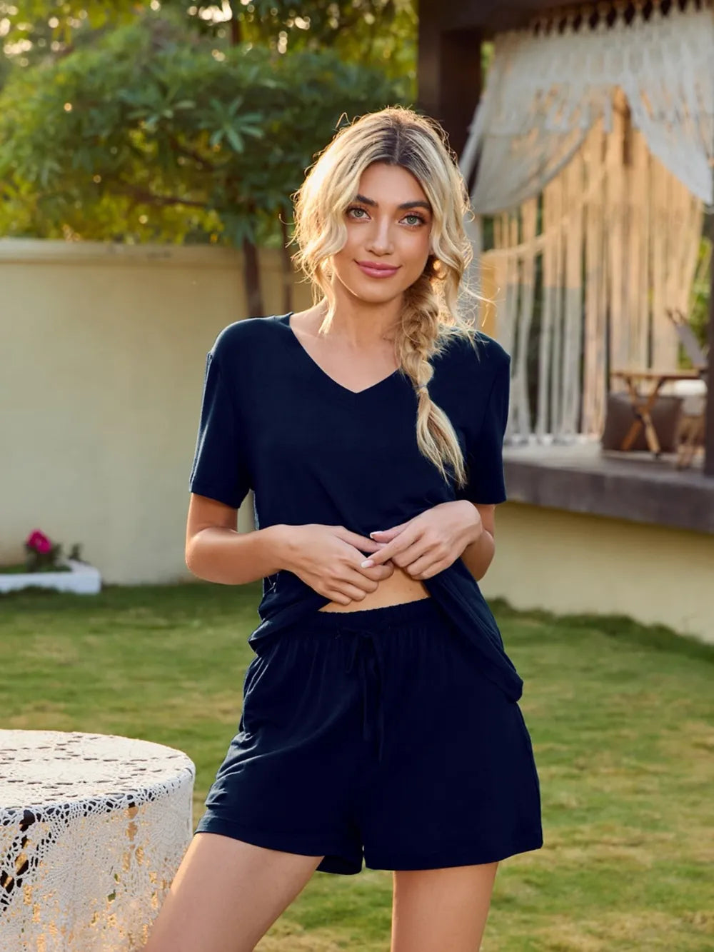 V-Neck Short Sleeve Top and Pocketed Shorts Lounge Set - Ladyez