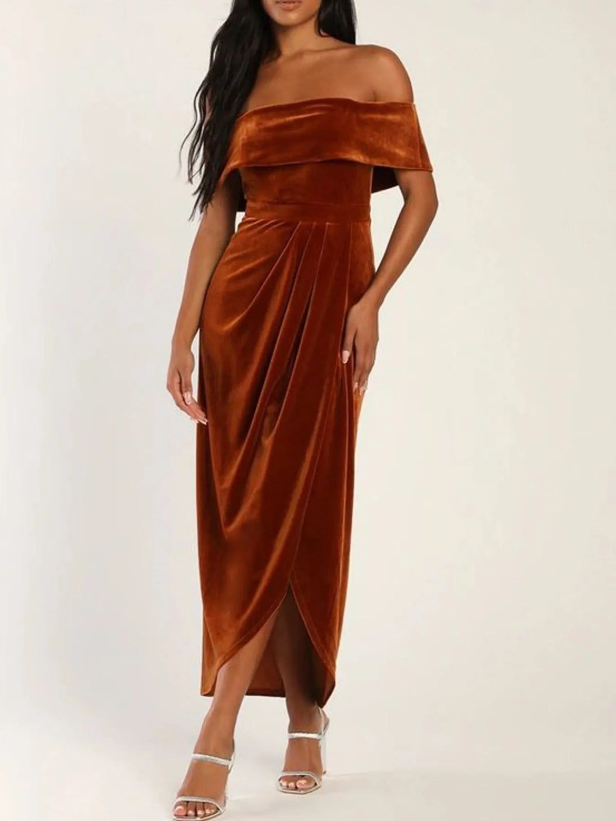 Off-Shoulder Wrap Dress with Side Slit - Ladyez