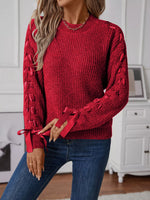Ribbon-Tie Sleeve Round Neck Sweater