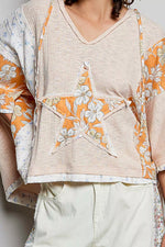 POL Floral Star Patch Hooded Blouse with Lace Contrast Detail