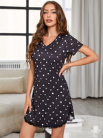 Heart V-Neck Short Sleeve Lace Trim Night Dress - Ladyez