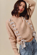 SO ME Checkered Plaid Tape Lace Up Ribbed Sweater