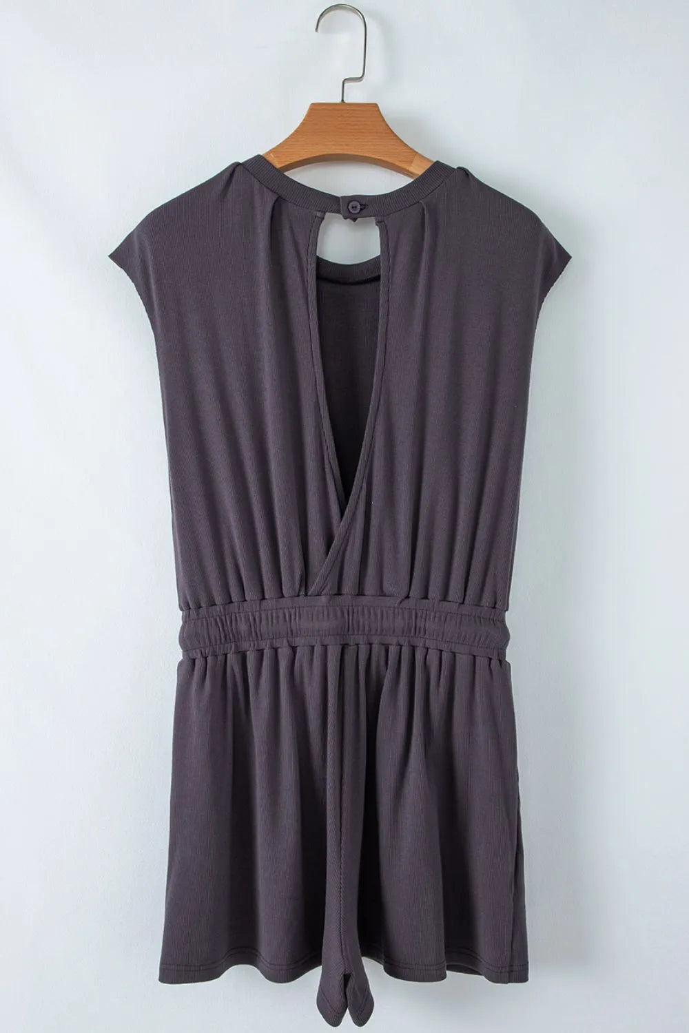 Knit Open Back Cap Sleeve Drawstring Romper - Ladyez