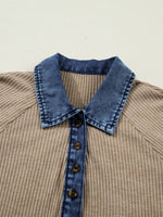 Ribbed Knit Denim Trim Button Detail Top