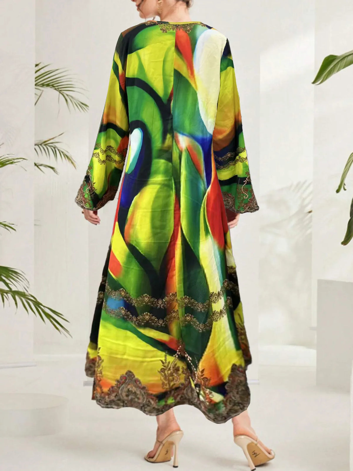 Multi-Color Abstract Print Notched Maxi Dress - Ladyez