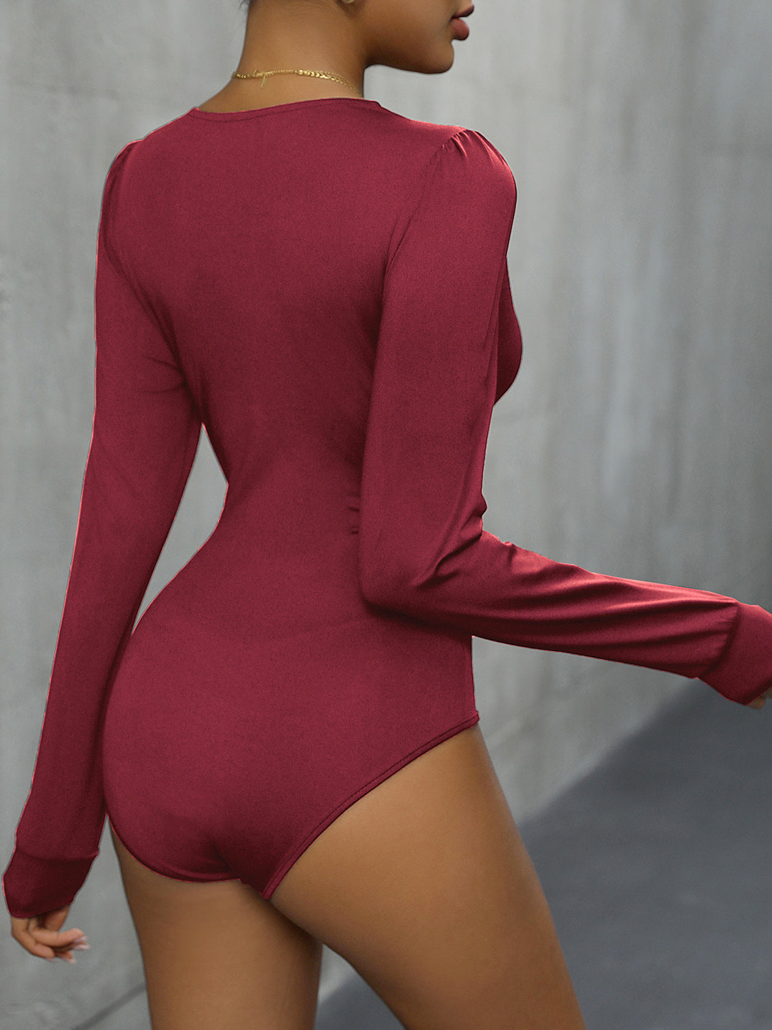 Perfee Lace Detail Plunge Long Sleeve Bodysuit - Ladyez