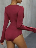 Perfee Lace Detail Plunge Long Sleeve Bodysuit - Ladyez