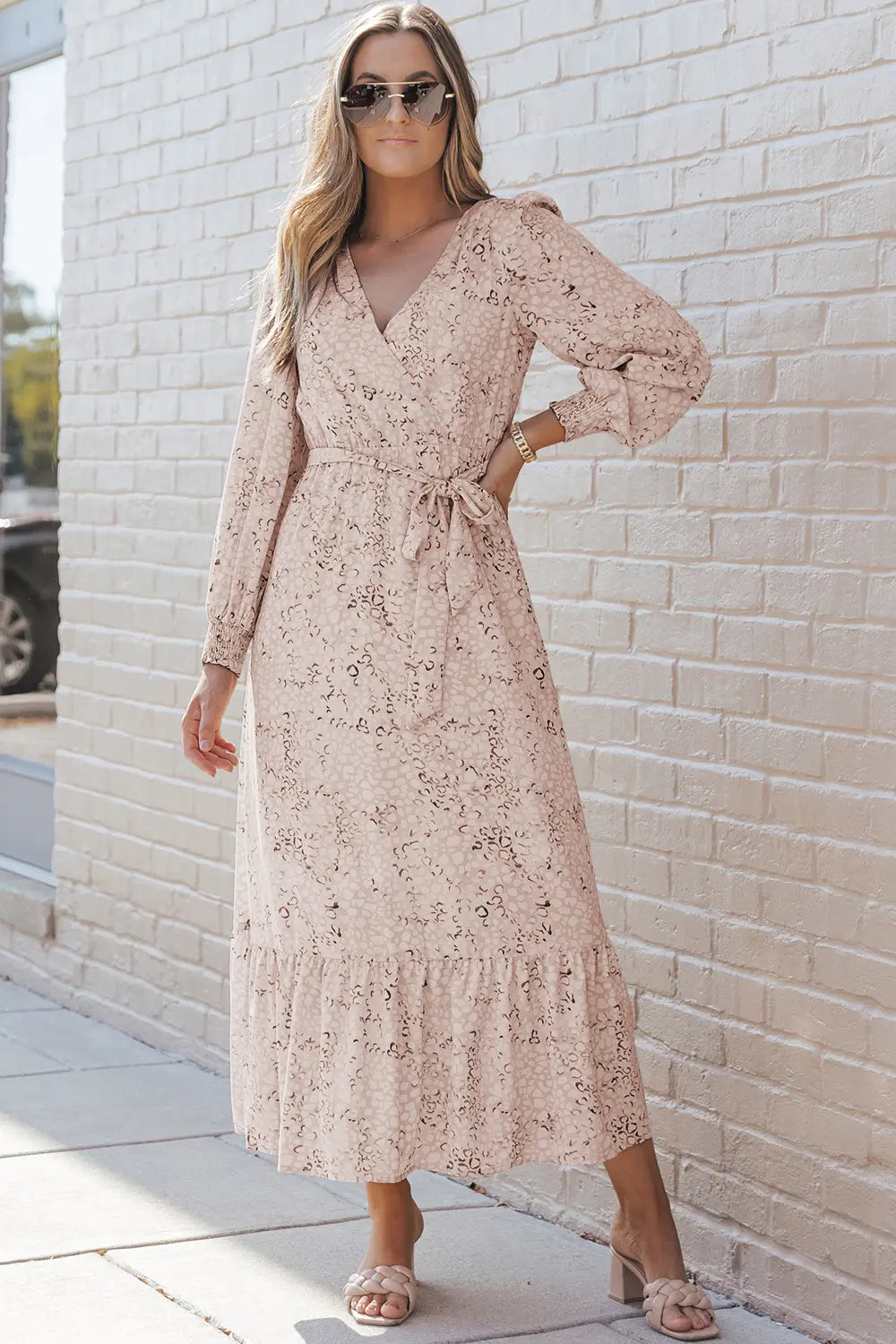 Printed Tie Front Ruffle Hem Dress - Ladyez