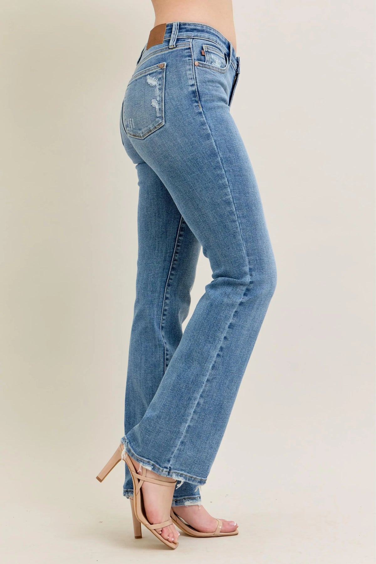 Judy Blue Full Size Mid Rise Wash Destroy Hem Bootcut Jeans Plus Size - Ladyez