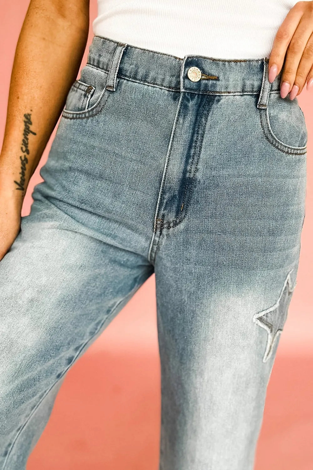 Star Embroidered High Waist Wide Leg Jeans - Ladyez