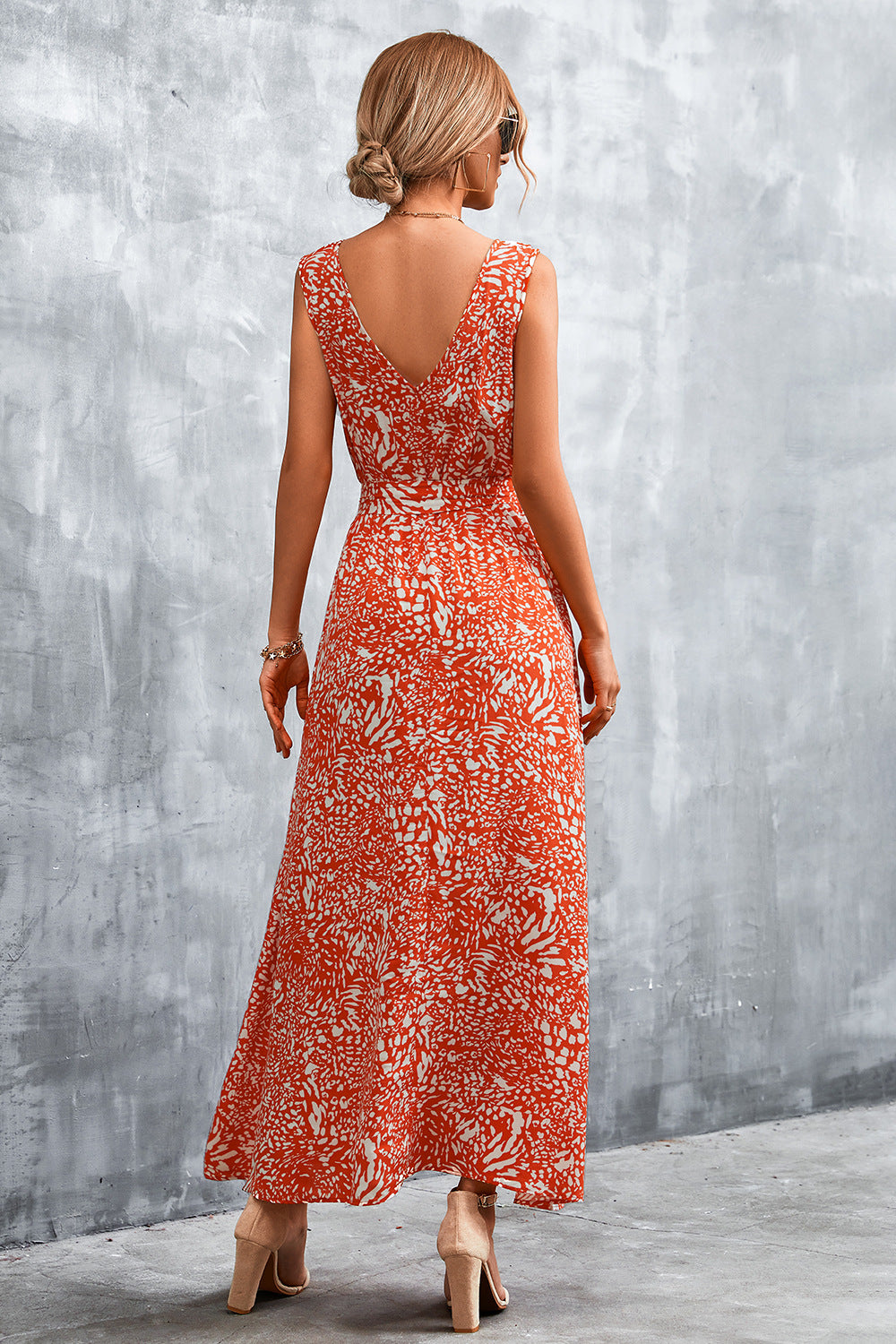 Printed V-Neck Tie Waist Maxi Dress - Ladyez