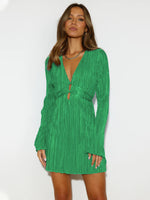 Tied Plunge Flare Sleeve Mini Dress - Ladyez