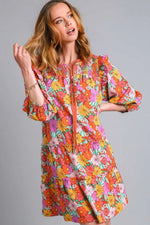 Umgee Full Size Ruffled Flower Print Tie Neck Tiered Dress Plus Size