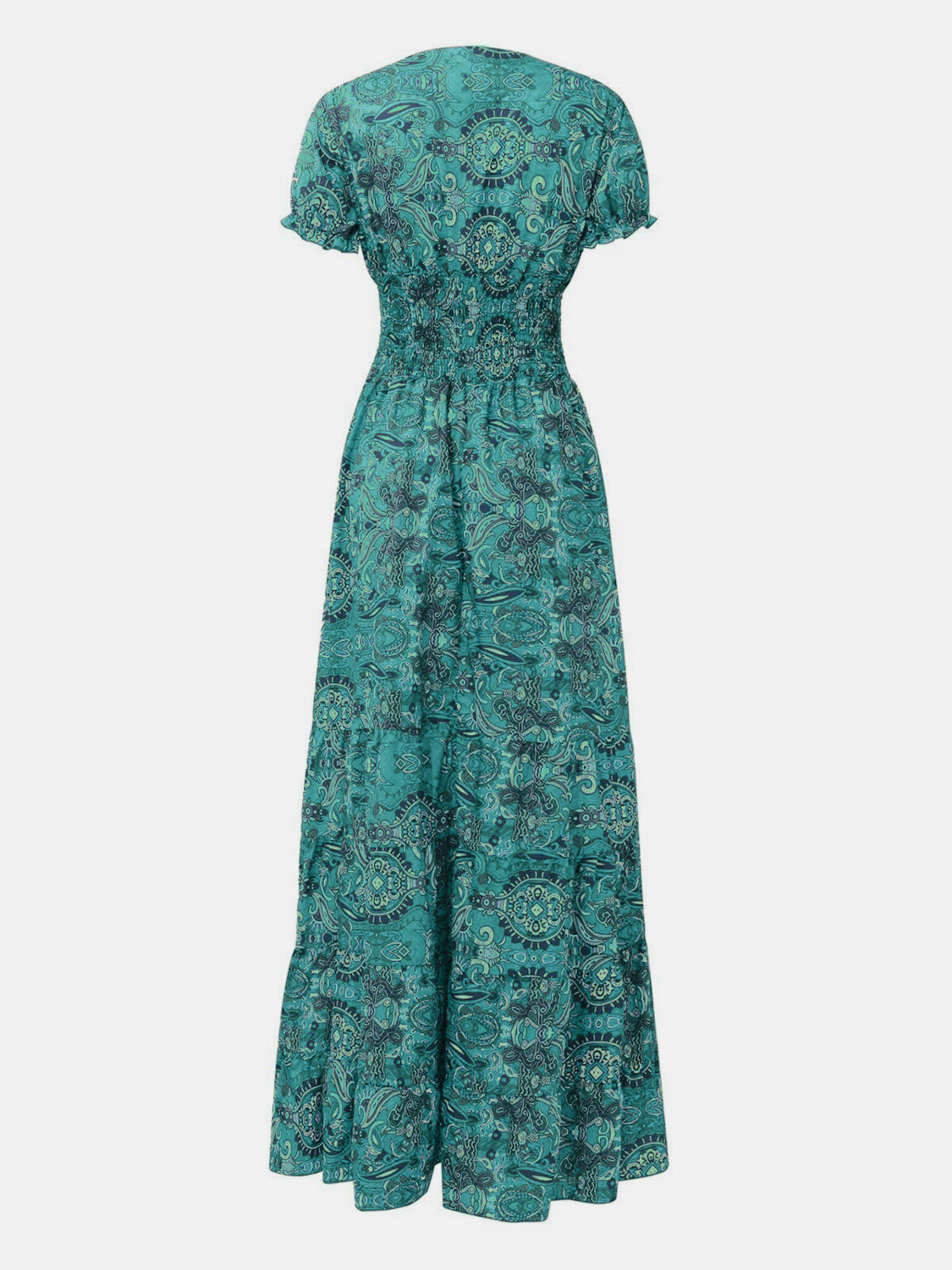 Full Size Smocked Printed V-Neck Short Sleeve Dress - Ladyez