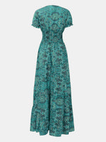 Full Size Smocked Printed V-Neck Short Sleeve Dress - Ladyez
