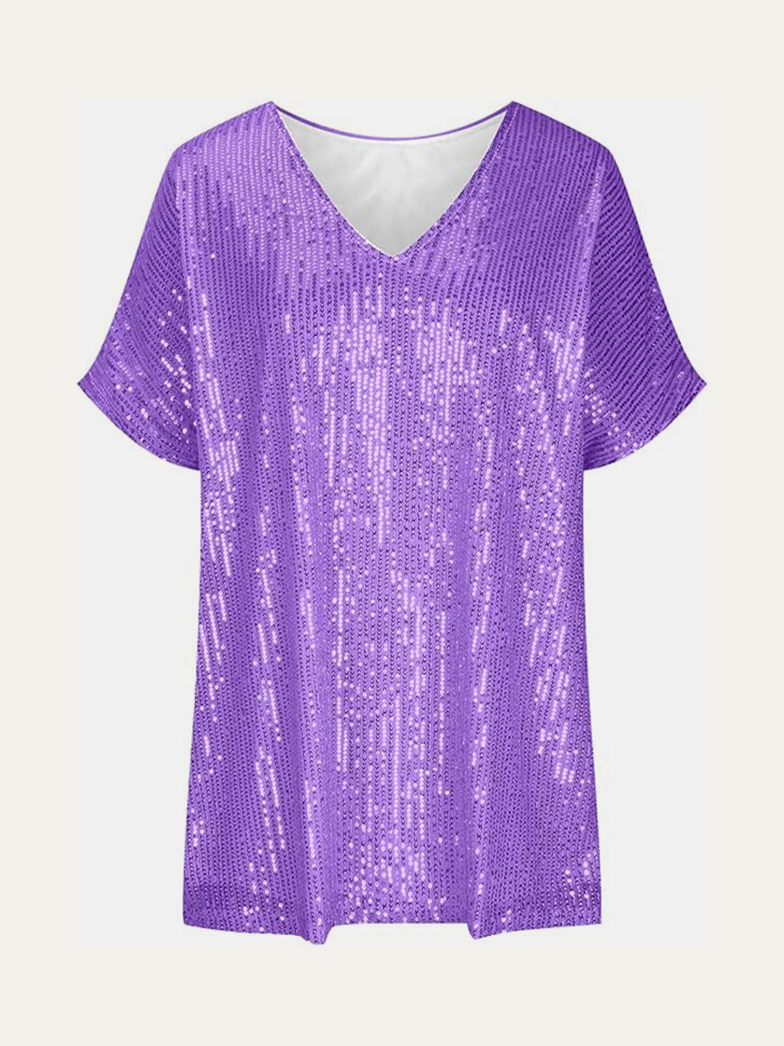 Full Size Sequin V-Neck Short Sleeve Top - Ladyez