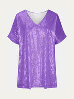 Full Size Sequin V-Neck Short Sleeve Top - Ladyez