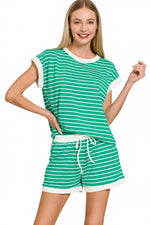 Zenana Stripe Contrast Trim Top & Shorts Set