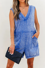 Mineral Wash Pocketed Sleeveless V Neck Loose Romper
