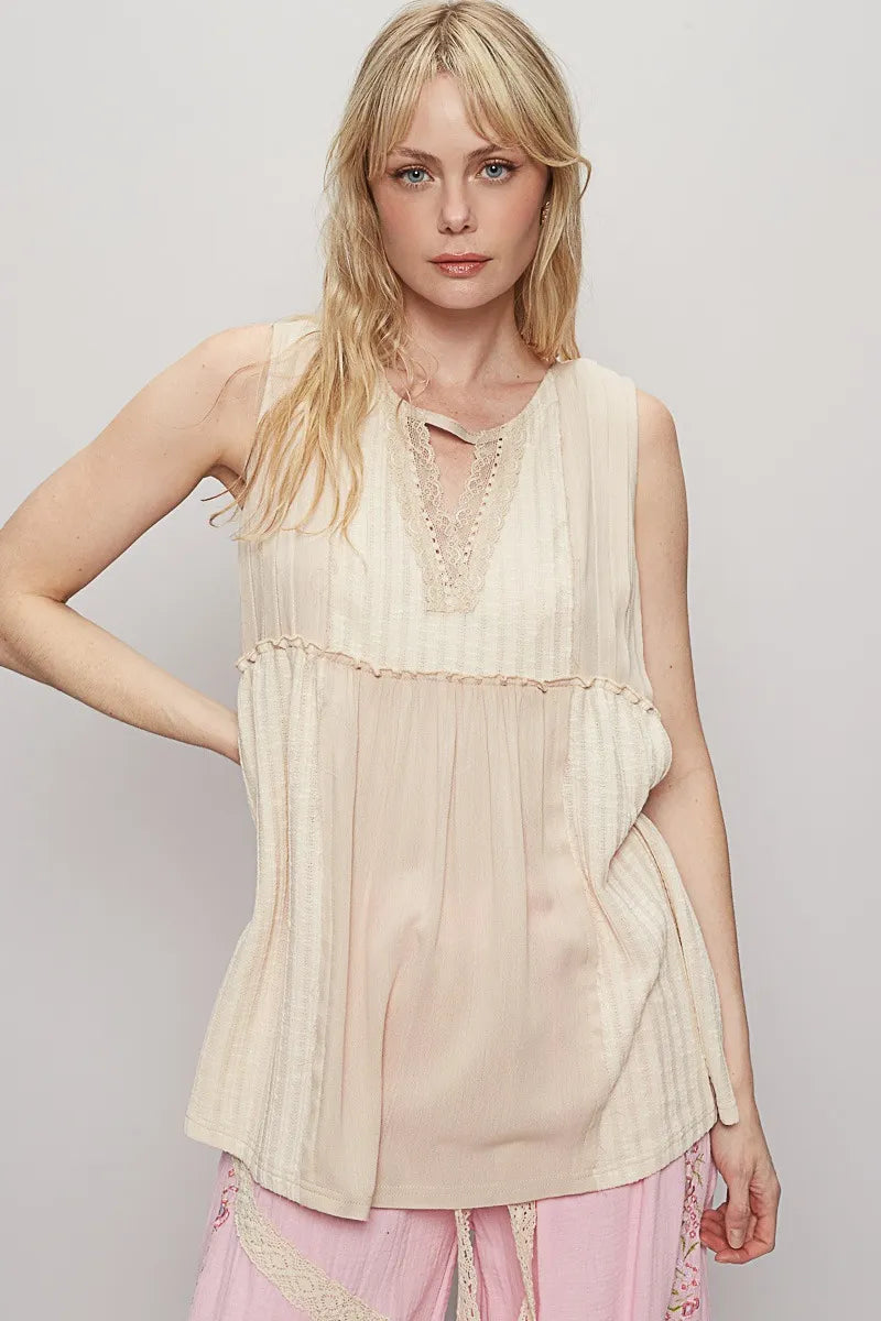 POL Lace Trim Two-Tone Tank with Pintuck Detail - Ladyez