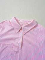 Pinstripe Long Sleeve Smocked Cuffs Button Shirt Collar Blouse