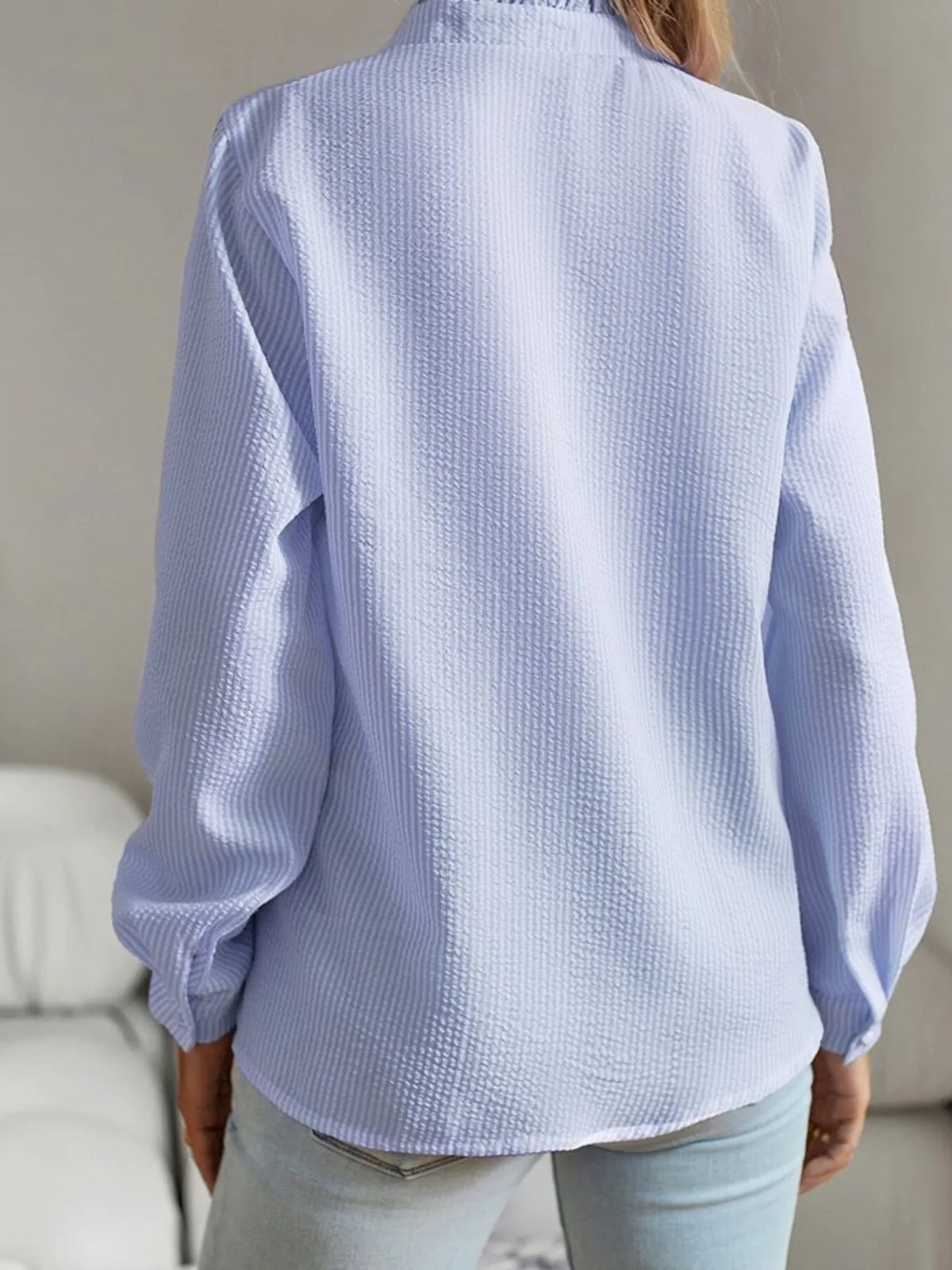 Striped Ruffle Detail Button-Up Blouse - Ladyez