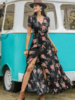 Split Printed V-Neck Short Sleeve Dress - Ladyez