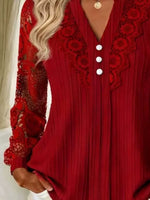 Lace Long Sleeve Notched Blouse