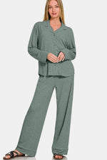Zenana Button Down Long Sleeve Top and Pants Lounge Set - Ladyez