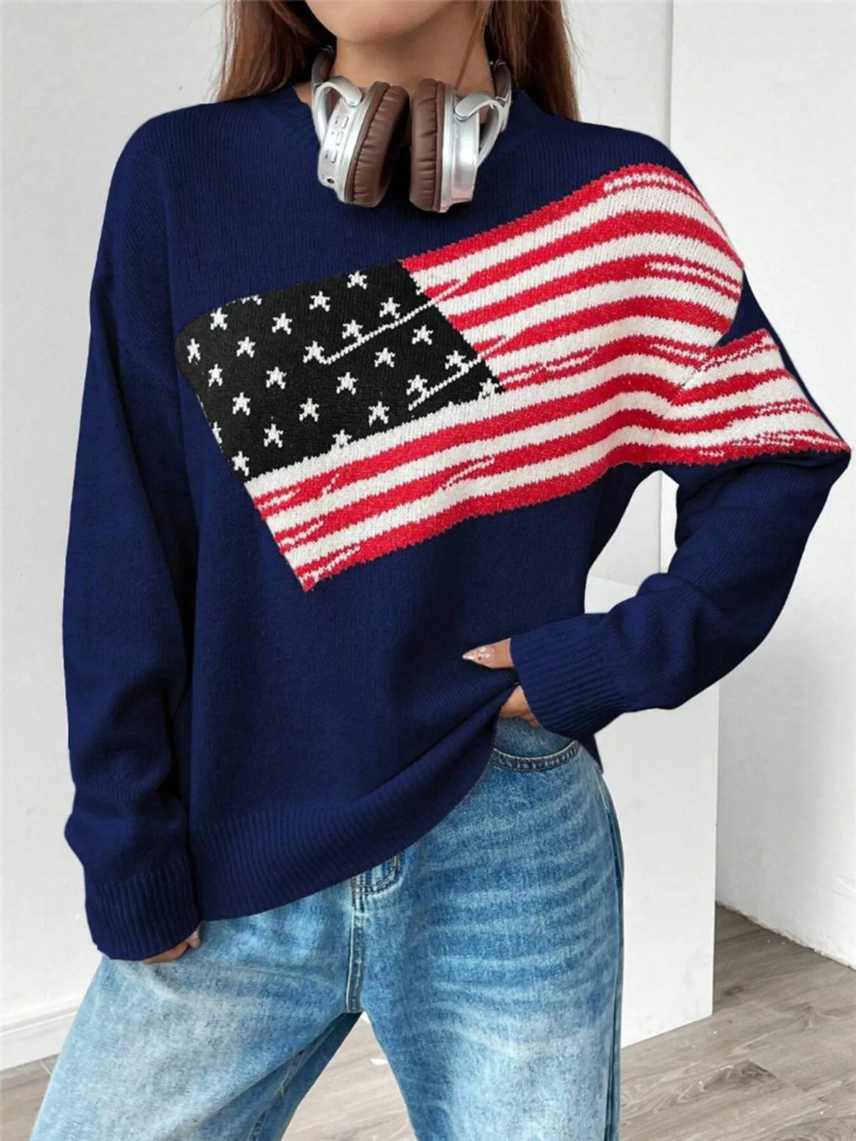 US Flag Round Neck Long Sleeve Sweater
