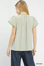 Umgee V-Neck Stripe Top with Lace Trim