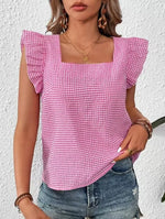 Ruffle Sleeve Gingham Square Neck Top - Ladyez