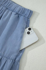 Elastic Waist Ruffled Tiered Flared Denim Maxi Skirt