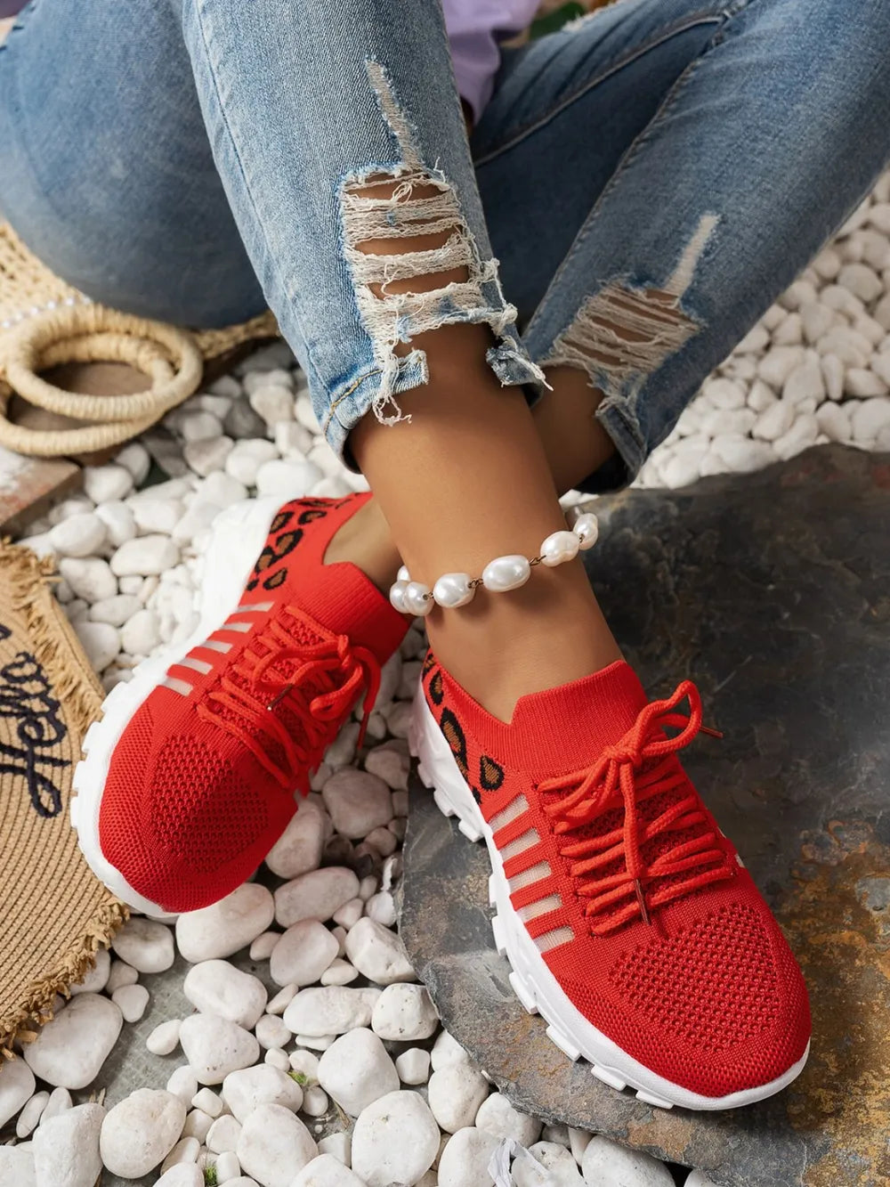 Cutout Leopard Lace Up Mesh Athletic - Ladyez