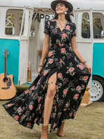 Split Printed V-Neck Short Sleeve Dress - Ladyez