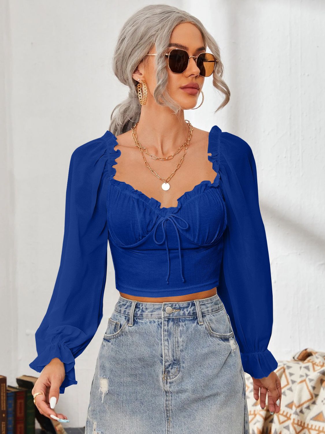 Mesh Sweetheart Neck Flounce Sleeve Top - Ladyez