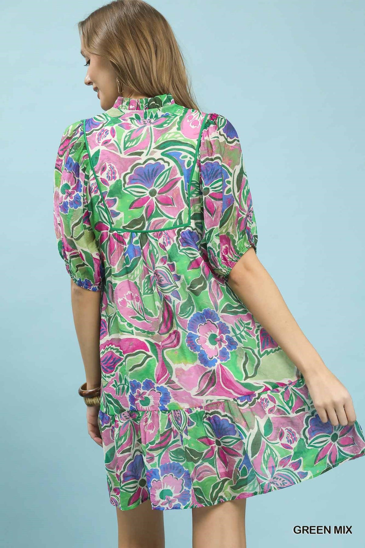 Umgee Abstract Print V-Neck Baby Doll Dress