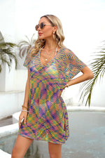 Angel Wings Openwork Contrast Short Sleeve Cover-Up - Ladyez