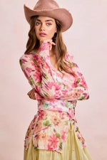 BiBi Floral Shrried Detail Button Up Mesh Cardigan Top